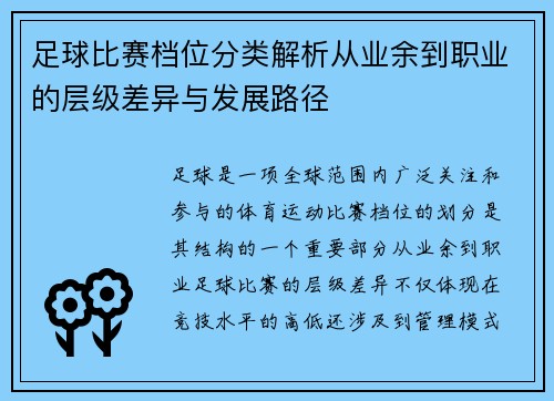 足球比赛档位分类解析从业余到职业的层级差异与发展路径