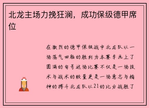 北龙主场力挽狂澜，成功保级德甲席位