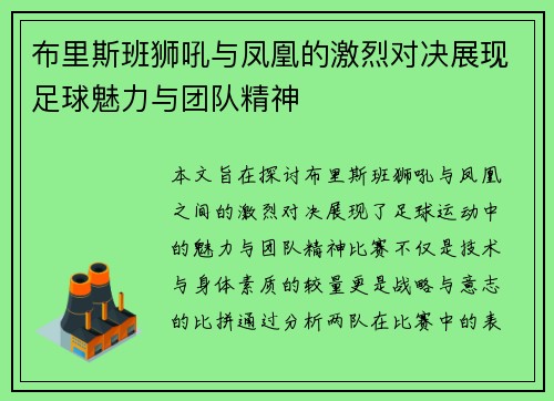 布里斯班狮吼与凤凰的激烈对决展现足球魅力与团队精神