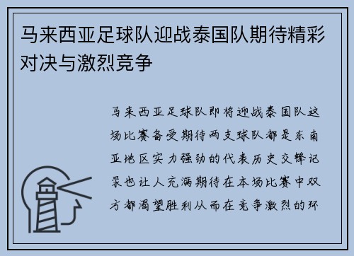 马来西亚足球队迎战泰国队期待精彩对决与激烈竞争