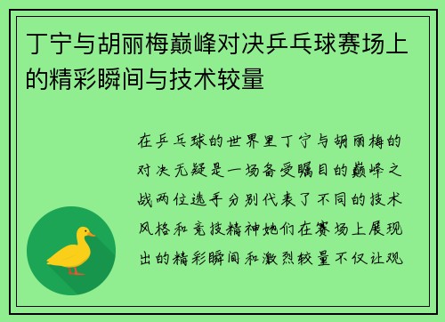 丁宁与胡丽梅巅峰对决乒乓球赛场上的精彩瞬间与技术较量
