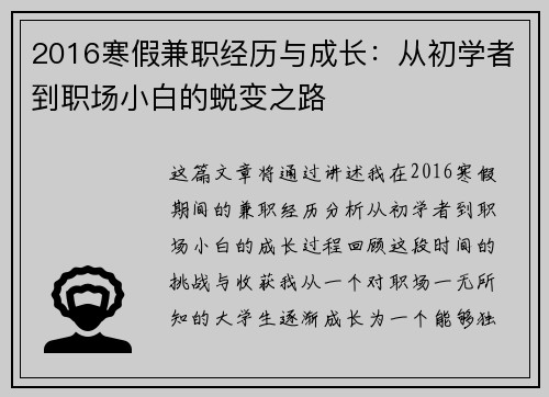 2016寒假兼职经历与成长：从初学者到职场小白的蜕变之路