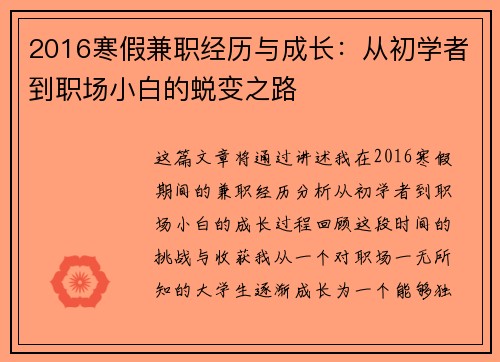 2016寒假兼职经历与成长：从初学者到职场小白的蜕变之路