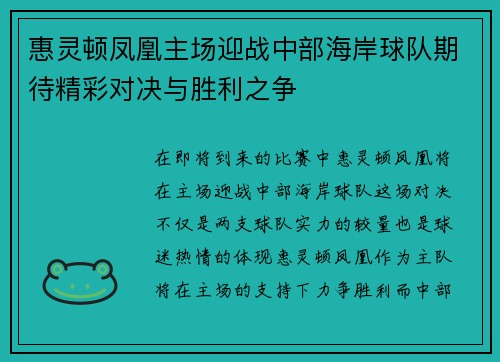 惠灵顿凤凰主场迎战中部海岸球队期待精彩对决与胜利之争
