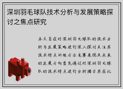 深圳羽毛球队技术分析与发展策略探讨之焦点研究