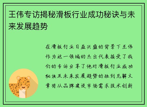 王伟专访揭秘滑板行业成功秘诀与未来发展趋势