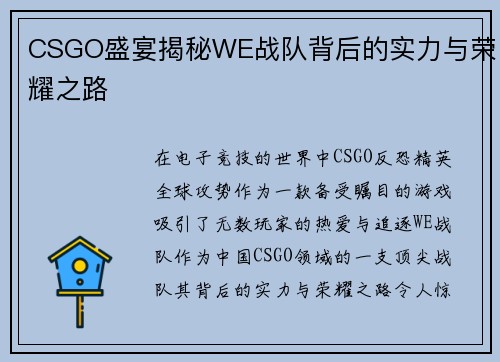 CSGO盛宴揭秘WE战队背后的实力与荣耀之路
