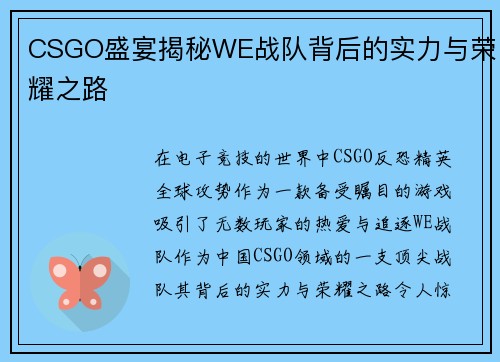 CSGO盛宴揭秘WE战队背后的实力与荣耀之路