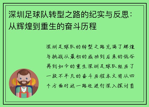 深圳足球队转型之路的纪实与反思：从辉煌到重生的奋斗历程